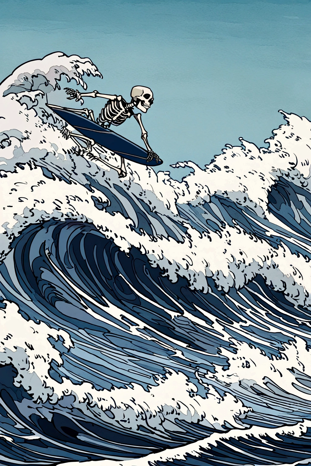 a human skeleton standing surfing on a surfboard on the beach in high waves being chased by a shark anime painting style