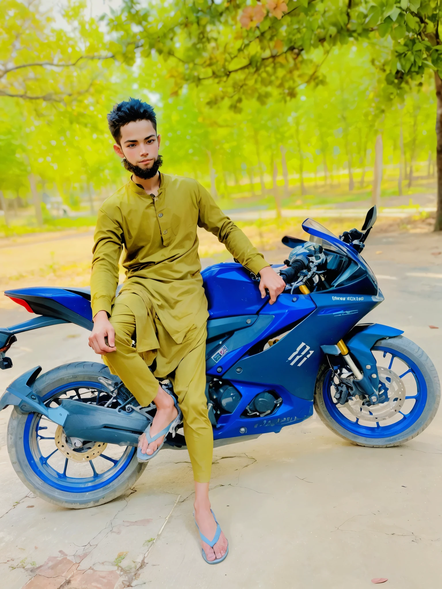 A boy sitting on a bike, the background natural, blur,