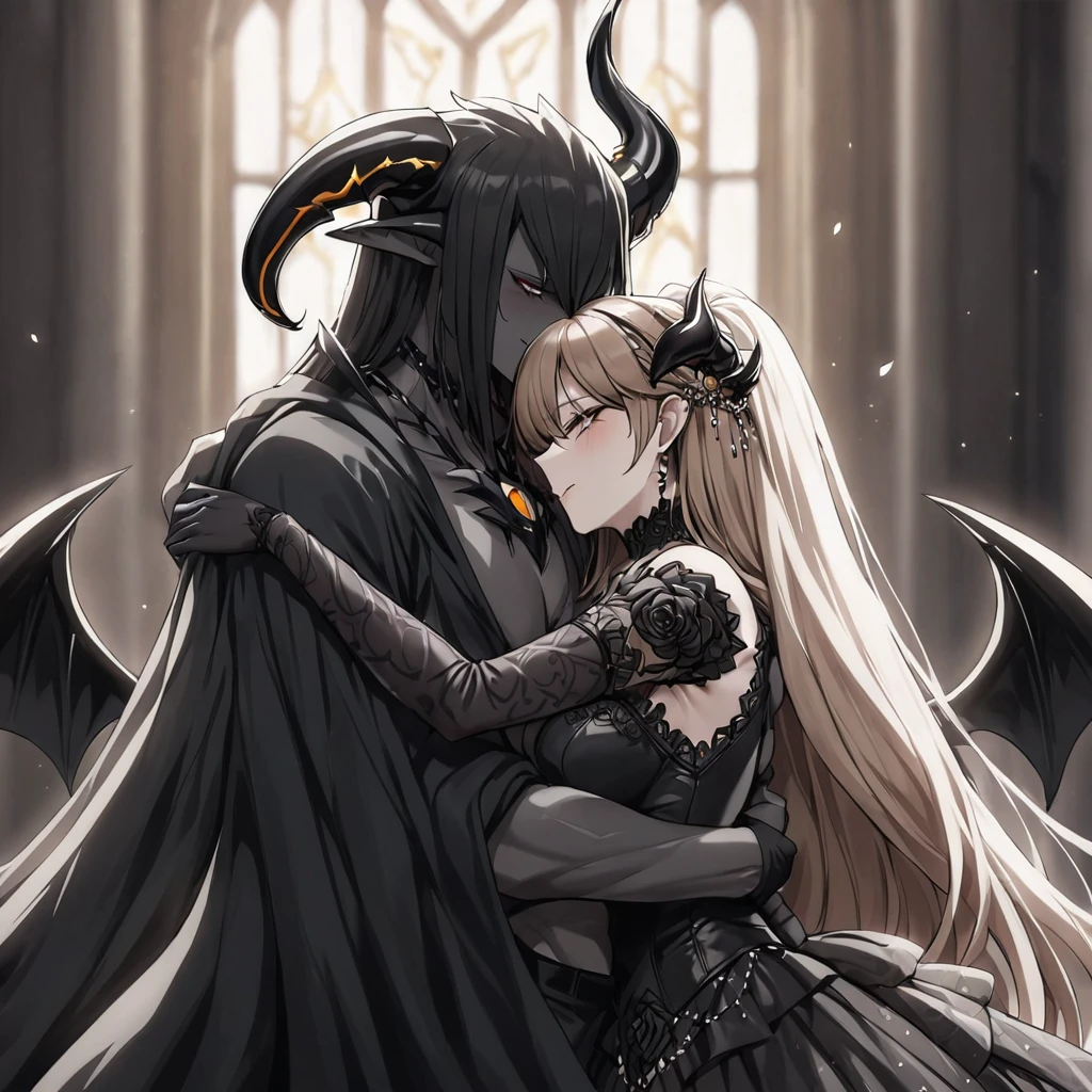 ((Highest quality)), ((masterpiece)), (detailed), (Perfect Face)、The woman is a sexy devil with jet black skin、The woman is a jet-black female demon with magnificent devil horns, jet-black devil wings, and a jet-black tail. Her skin is jet-black, and she is wearing a luxurious black Gothic Victorian wedding dress and a black wedding veil. She is embracing the dignified and powerful Great Demon King, kissing him in oath, and getting married to him. She is the jet-black demon Princess Leona, with medium-long light brown hair, a demon in both body and mind, and has the expression of a maiden in love.、The man is a dignified and powerful demon king, embracing the woman and kissing her in a wedding ceremony.
