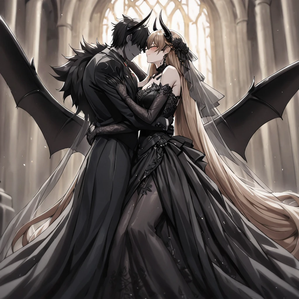 ((Highest quality)), ((masterpiece)), (detailed), (Perfect Face)、The woman is a sexy devil with jet black skin、The woman is a jet-black female demon with magnificent devil horns, jet-black devil wings, and a jet-black tail. Her skin is jet-black, and she is wearing a luxurious black Gothic Victorian wedding dress and a black wedding veil. She is embracing the dignified and powerful Great Demon King, kissing him in oath, and getting married to him. She is the jet-black demon Princess Leona, with medium-long light brown hair, a demon in both body and mind, and has the expression of a maiden in love.、The man is a dignified and powerful demon king, embracing the woman and kissing her in a wedding ceremony.