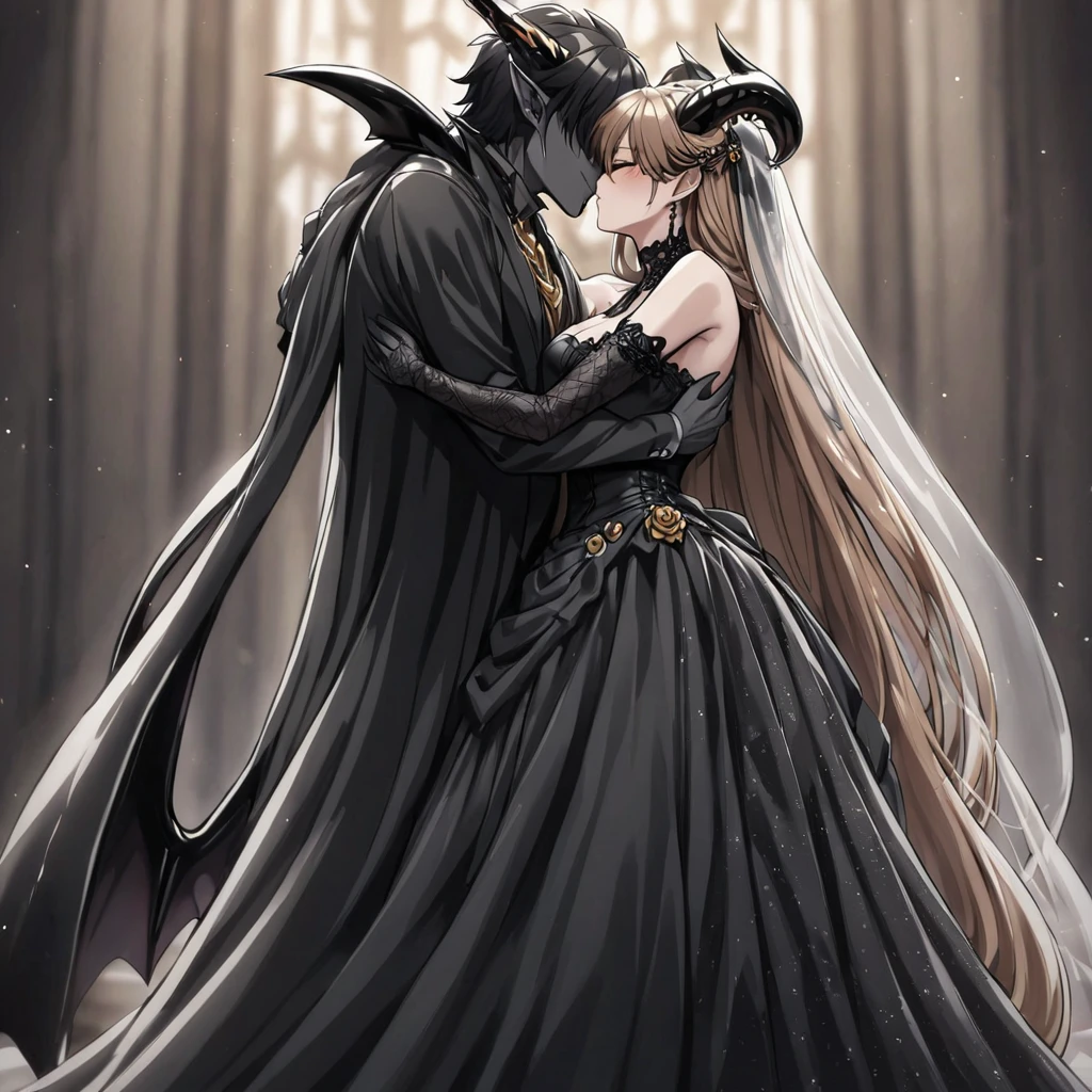 ((Highest quality)), ((masterpiece)), (detailed), (Perfect Face)、The woman is a sexy devil with jet black skin、The woman is a jet-black female demon with magnificent devil horns, jet-black devil wings, and a jet-black tail. Her skin is jet-black, and she is wearing a luxurious black Gothic Victorian wedding dress and a black wedding veil. She is embracing the dignified and powerful Great Demon King, kissing him in oath, and getting married to him. She is the jet-black demon Princess Leona, with medium-long light brown hair, a demon in both body and mind, and has the expression of a maiden in love.、The man is a dignified and powerful demon king, embracing the woman and kissing her in a wedding ceremony.