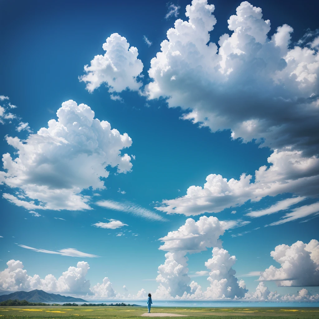 A serene landscape where the sky is a vibrant blue and the ground is made of fluffy white clouds, giving the impression that the main character is in paradise. The character appears small in the distance, gazing contemplatively at the horizon. Scattered around are dollar bills floating gently in the air.