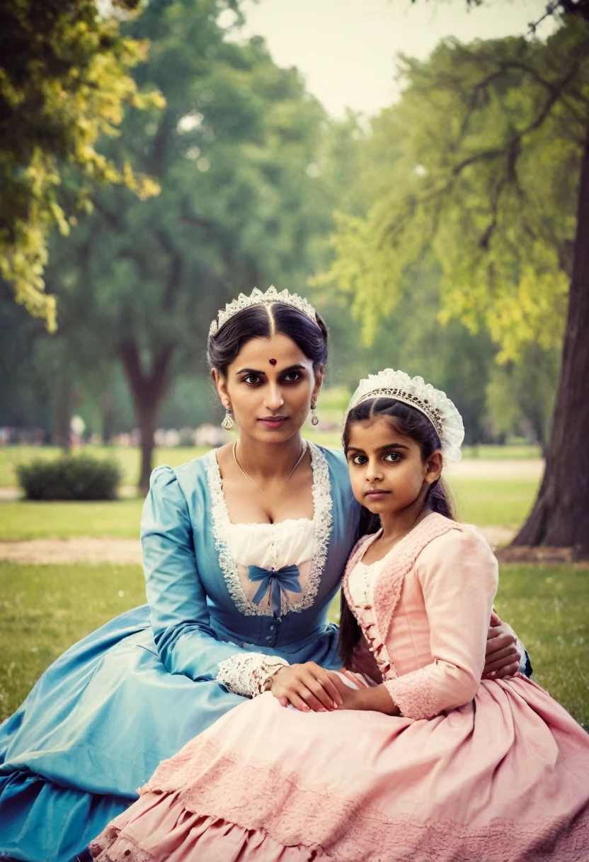 indian mother with daughter in victorian outfit in park,  19th century photo, deep focus, vintage film grain, color correction retro style, soft lighting,