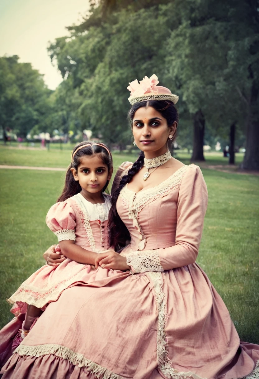 indian mother with daughter in victorian outfit in park, 19th century photo, deep focus, vintage film grain, color correction retro style, soft lighting,