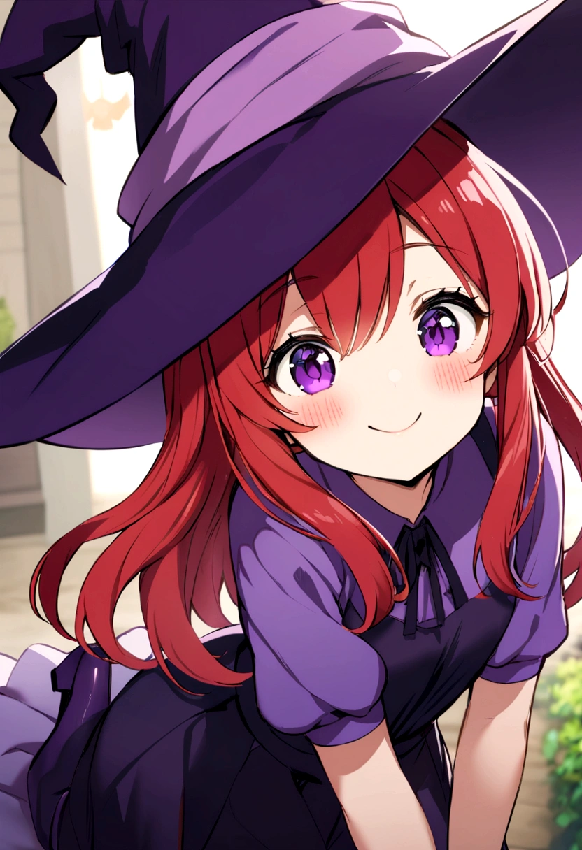 cute redhead girl, with long red hair, purple eyes, purple shirt, dark purple skirt, purple witch hat, purple heels, cute smile, blushing