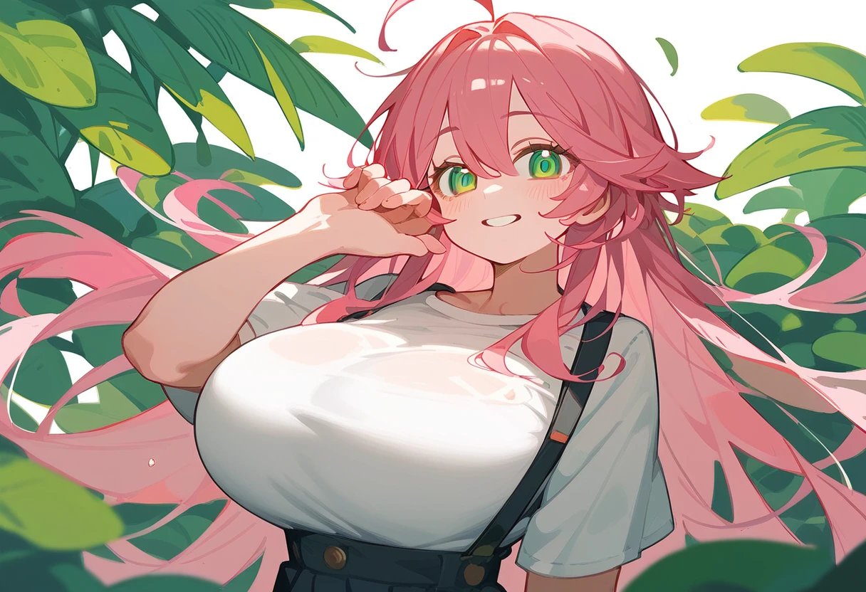 One Girl、Lori、Big Breasts、LoriBig Breasts、Pink Hair、Long Hair、Straight Hair、Ahoge、kind、Green Eyes、smile、Droopy eyes