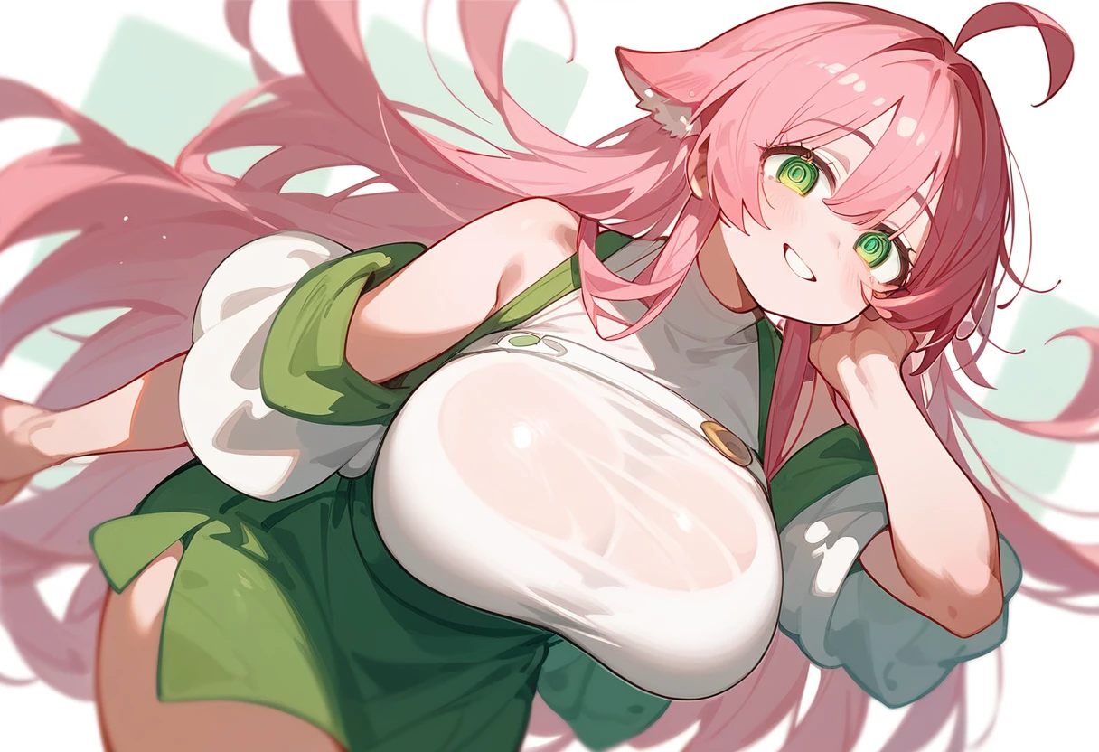 One Girl、Lori、Big Breasts、LoriBig Breasts、Pink Hair、Long Hair、Straight Hair、Ahoge、kind、Green Eyes、smile、Droopy eyes