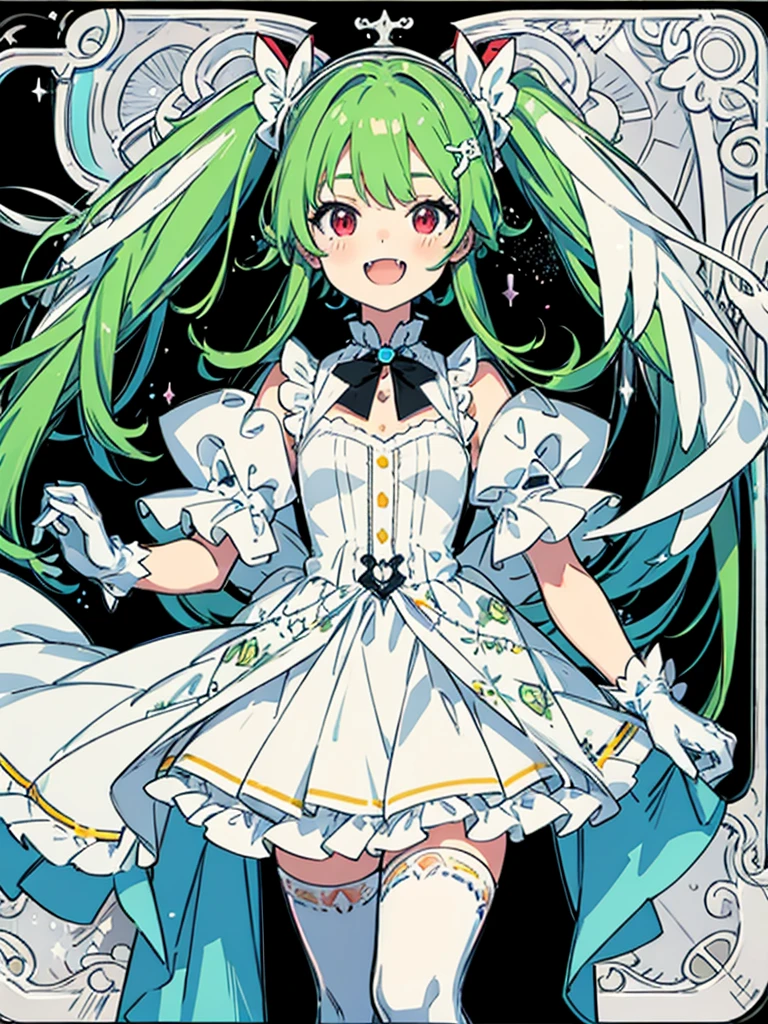 Masterpiece, refrence sheet, young girl, light green hair, long hair in twintails, red eyes, smile, fangs, teeth exposed, white dress, lace, semi-transparent skirt, black thigh-highs, white gloves,(((ultra detailed))), softcore, kawaii ,Kawaii, cute, pretty, anime, pastel, neon (((ultra detailed))), softcore, kawaii,