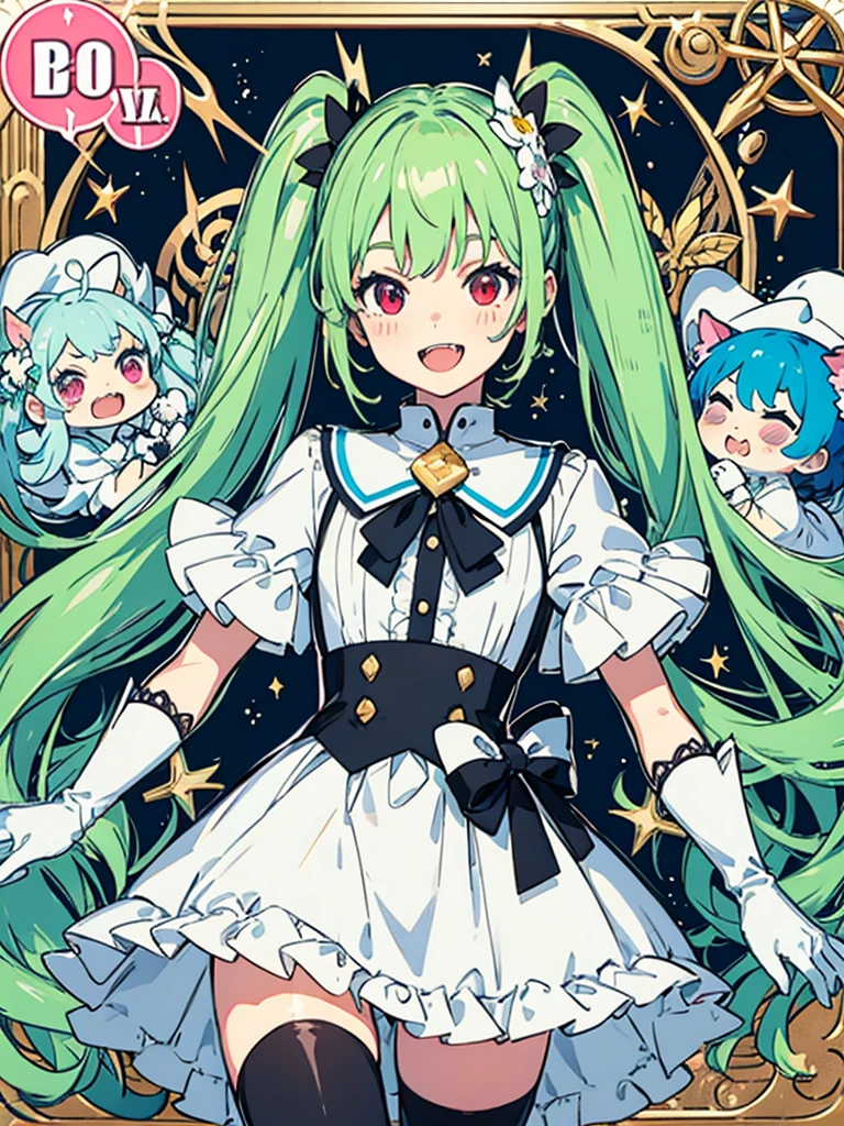Masterpiece, refrence sheet, young girl, light green hair, long hair in twintails, red eyes, smile, fangs, teeth exposed, white dress, lace, semi-transparent skirt, black thigh-highs, white gloves,(((ultra detailed))), softcore, kawaii ,Kawaii, cute, pretty, anime, pastel, neon (((ultra detailed))), softcore, kawaii,