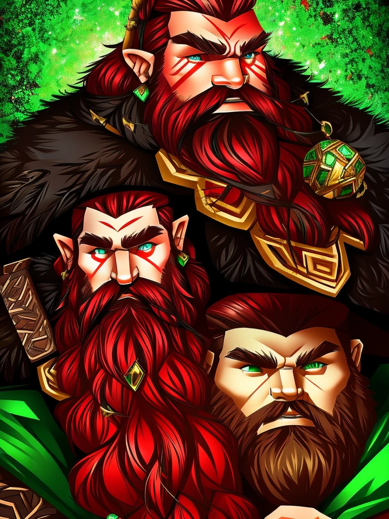 sole male, Mountain Dwarf, Druid, Red beard, Emerald eyes, Bone earrings and piercings, black markings on face