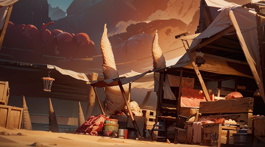 traditional market, butchery, (they sell meats on the table and display case, skull), ((market stalls, market tents)), wooden boxes, wooden basket, wire, ((giant sharp rocks)), sand ground, (dawn time, daybreak sky, dark morning), low angle, AnatomicTech,