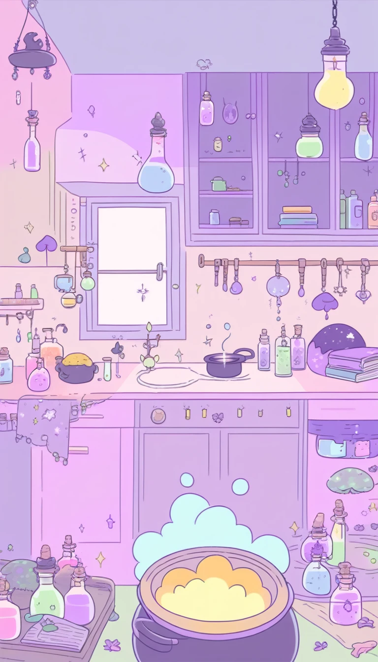 cute, witchy, kitchen, with bubbling cauldron, light colors, pastel colors, potions, books, magical mushrooms