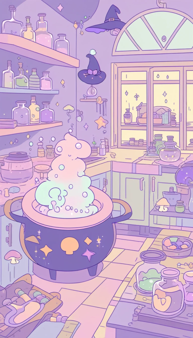 cute, witchy, kitchen, with bubbling cauldron, light colors, pastel colors, potions, books, magical mushrooms