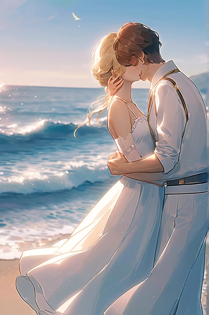 ((Лучшее качество)), ((шедевр)), (подробный), A boy with brown hair kisses a blonde in a white dress by the sea