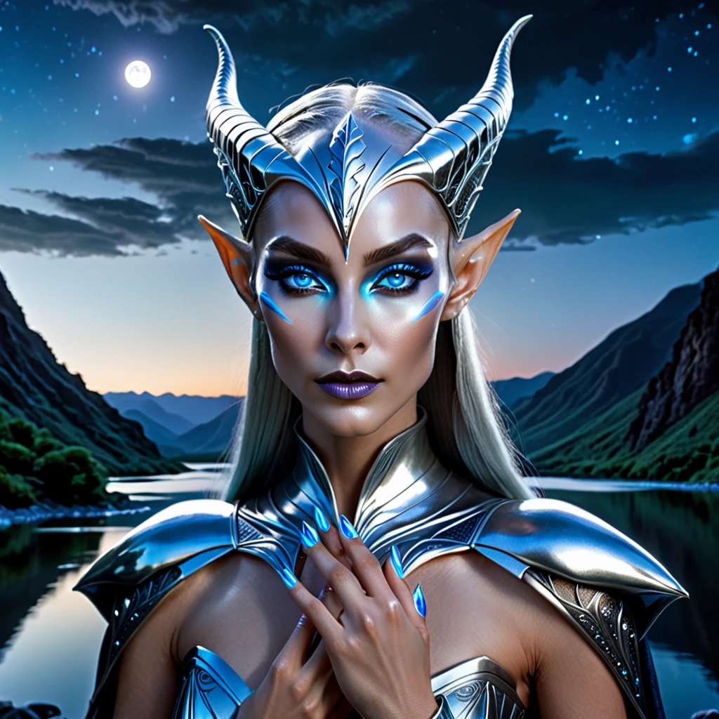 ultra-realistic, high resolution portrait of an alien elven queen with long sharp ears and metallic silver skin wearing futuristic attire with glowing blue eyes and very pale matte lips with her hand on the right side of face showing manicured nails. Background is mountainous river valley at night with bright moonlight shining through dark clouds. The scene has dramatic lighting and a cinematic feel.