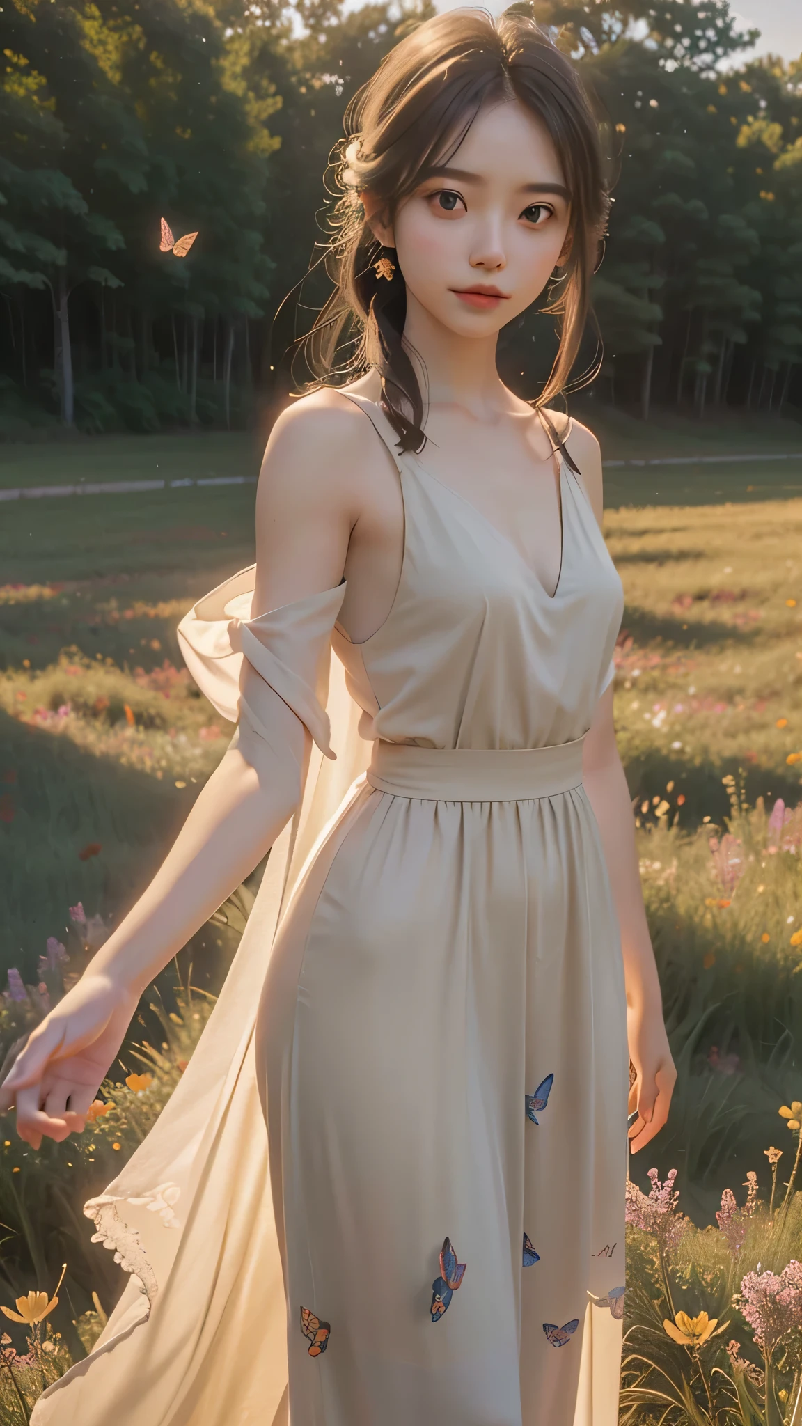 a woman standing in a serene field at dawn, bathed in soft golden light, with arms outstretched in a gesture of gratitude, surrounded by delicate wildflowers, butterflies, and birds, with the text "Gratitude transforms what we have into enough. Appreciate the small things and live with a grateful heart." elegantly displayed in a cursive font in the lower corner, masterpiece, 8k, highly detailed, photorealistic, cinematic lighting, warm color palette, natural, tranquil, peaceful