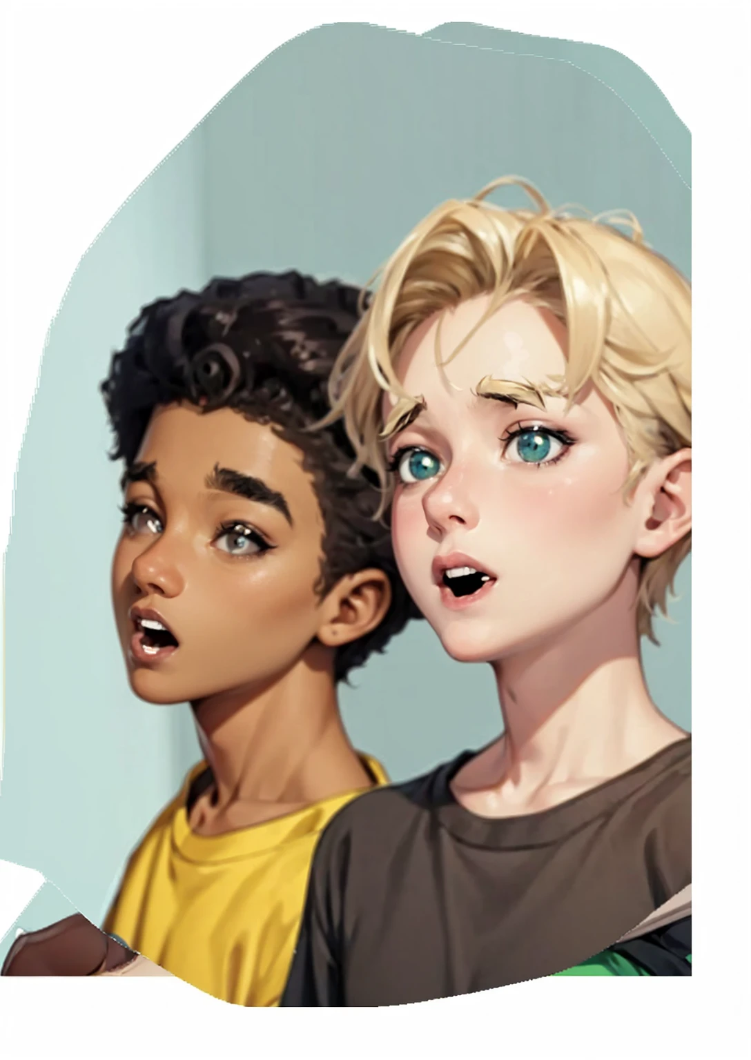 image of the faces of two teenagers, a 15-year-old black man and a 15-year-old blonde, an expression of temptation with their mouths open