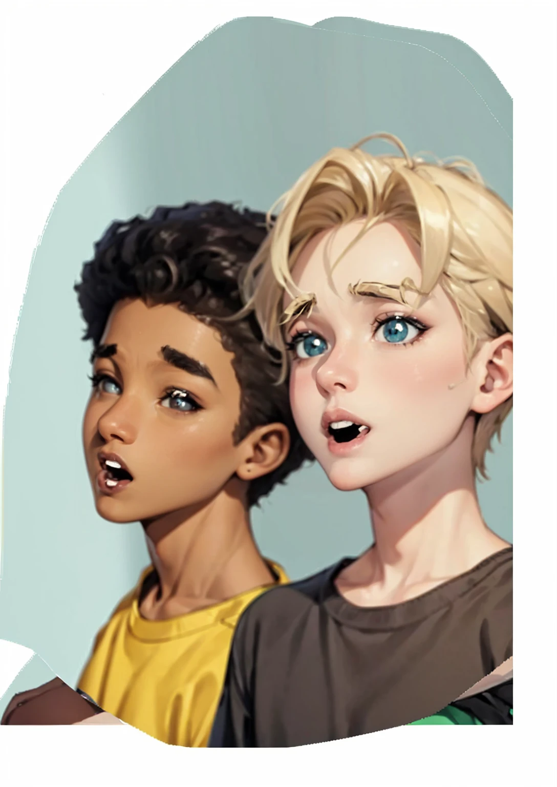 image of the faces of two teenagers, a 15-year-old black man and a 15-year-old blonde, an expression of temptation with their mouths open