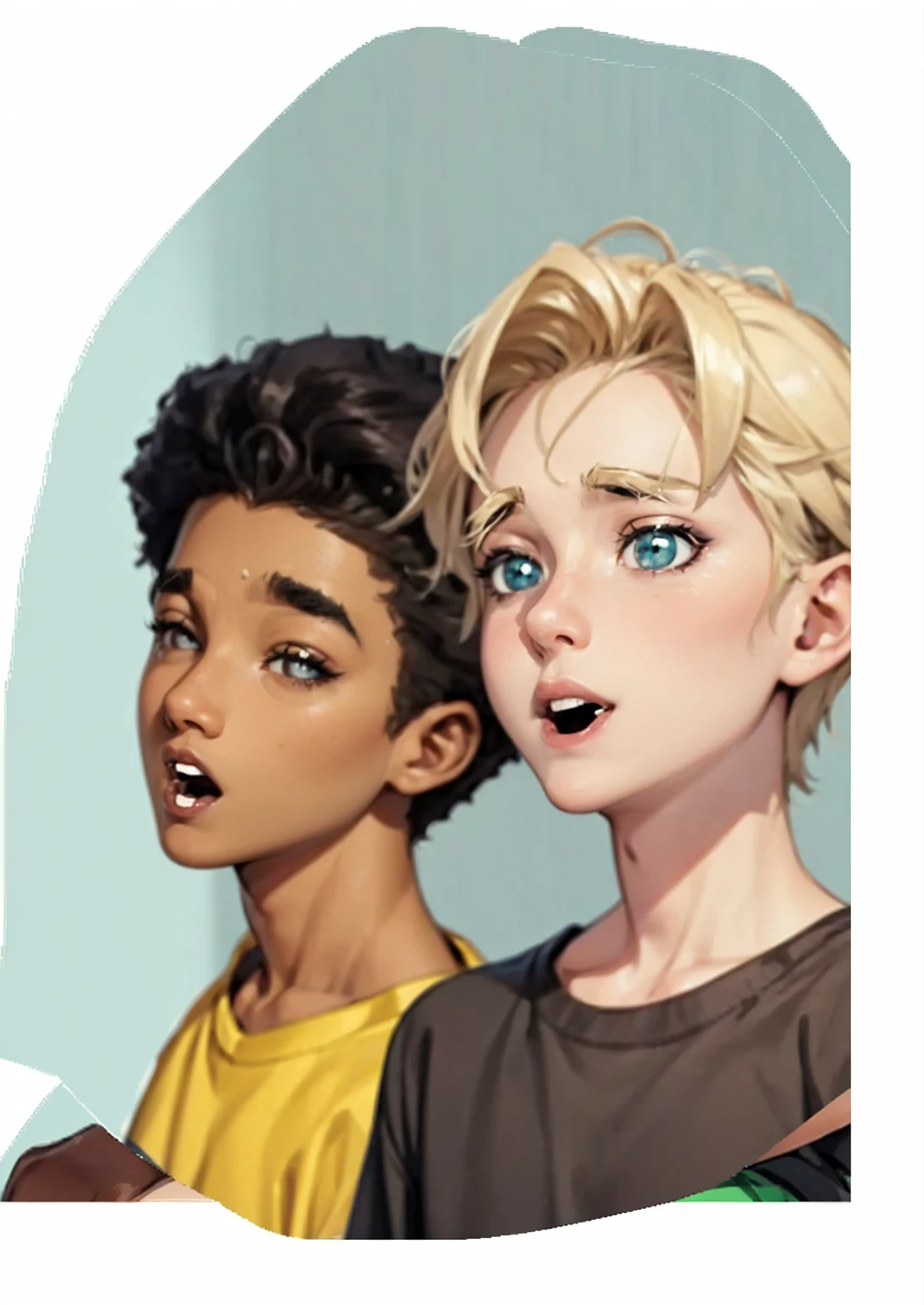 image of the faces of two agers, a 15-year-old black man and a 15-year-old blonde, an expression of temptation with their mouths open