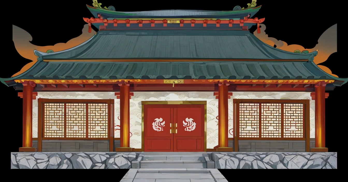 illustration of a traditional chinese building with a red door and a green roof, temple background, chinese building, zen temple background, background depicting a temple, digital painting of a pagoda, japanese house, house background, japanese temple, artwork in the style of z.w. gu, an extremely detailed building, palace background, buddhist temple, chinese palace