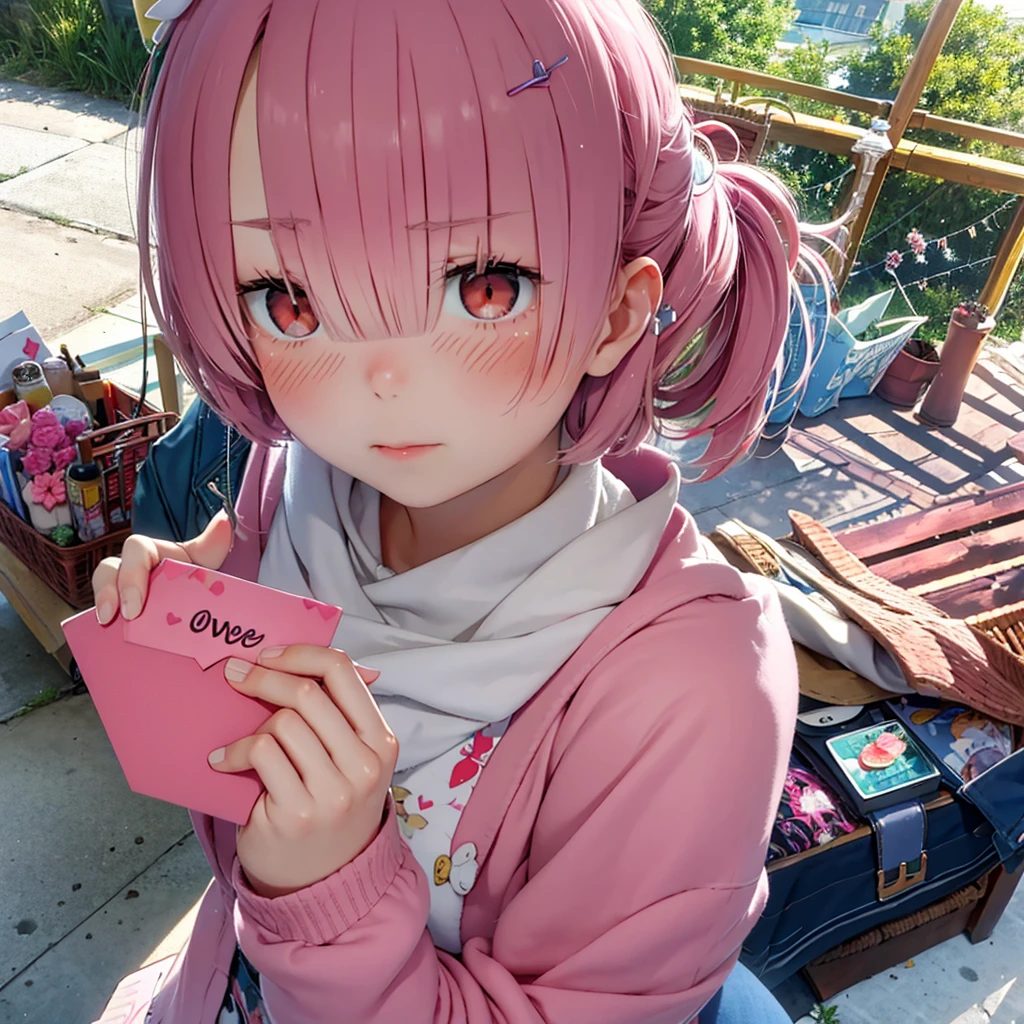 Handing the viewer a love letter with a little blush on her cheeks