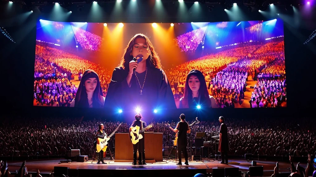 A worship band on stage, with a focus on a large screen behind them displaying deeply meaningful, biblically accurate lyrics. The congregation is engaged and reflective. The atmosphere is one of solemn reverence and focus on divine truth, ensuring the worship aligns with God's Word.