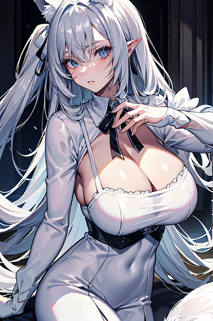 best qualtiy,tmasterpiece,The is very detailed,4K,Gray hair and shallow eyes,Drag cool expressions,Wolf ears,Erect scar on the left eye,British style,1girl,Absolutely beautiful, huge breasts, white costume, ear ribbon