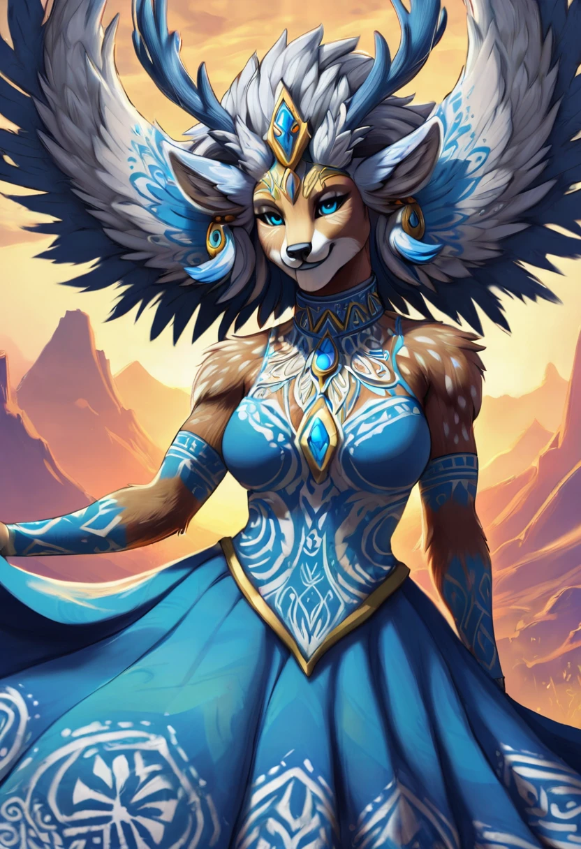 Create an illustrated, hand-drawn, full-color masterpiece with warm lighting and shadows. Incorporate graphite shading, stencil marks, and airbrushed acrylic paint in the style of "Breath of the Wild." The image should feature a beautiful Wolly mammoth, deer woman with a humanoid, furry appearance and large ears shaped like those of an elephant. bright eyes, luscious thick fleshy lips, and a wide smile. Depict her with a perfect, symmetrical face and a curvy hourglass figure with . Her face, neck, and arms are covered in intricate blue tattoos, adding a mythic beauty to her. She is wearing a long, flowing, lacey dress with a high neck and long billowing skirts. The background should be detailed and sharp, adding to the overall high-resolution, best quality, and detailed art piece.