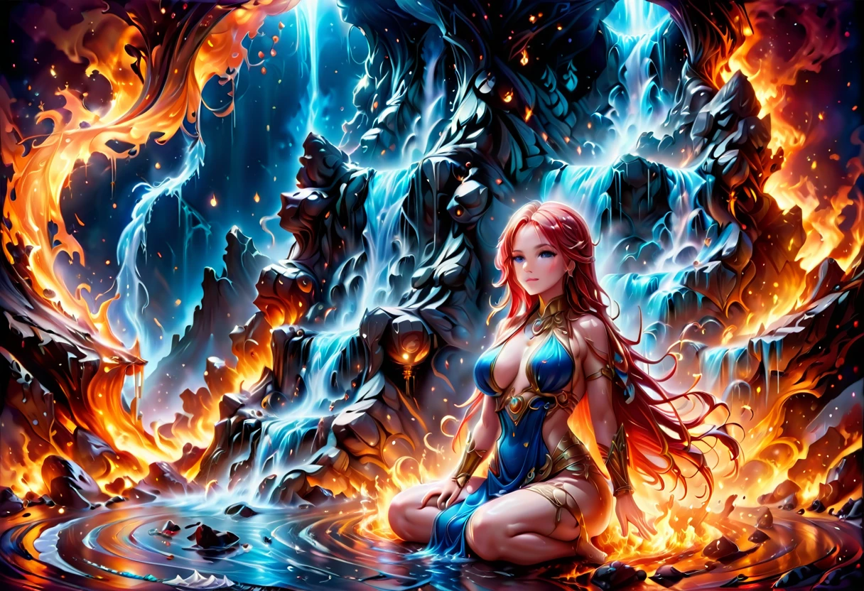 a picture of a (female monk: 1.2) sitting and meditating near a waterfall, at the base of the waterfall,  there is a human woman monk wearing monk garbs, meditating near a bonfire near an (epic sized waterfall: 1.3), red hair, long hair, full body (best details, Masterpiece, best quality :1.5), ultra detailed face (best details, Masterpiece, best quality :1.5), ultra feminine (best details, Masterpiece, best quality :1.5), exquisite beautiful (best details, Masterpiece, best quality :1.5) red hair, long hair, wavy hair, pale skin, blue eyes, intense eyes, water coming down from a volcanic cliff, multi level water falls, several pools created in different levels, forming new waterfalls, water cascading into a (large lava pool: 1.3) steam rising, clear water in many hues of blue and azure, fantasy art, photorealistic, D&D art, ultra best realistic, best details, best quality, 16k, [ultra detailed], masterpiece, best quality, (extremely detailed), ultra wide shot, photorealism, depth of field, hyper realistic painting, faize, perfecteyes, drkfntasy