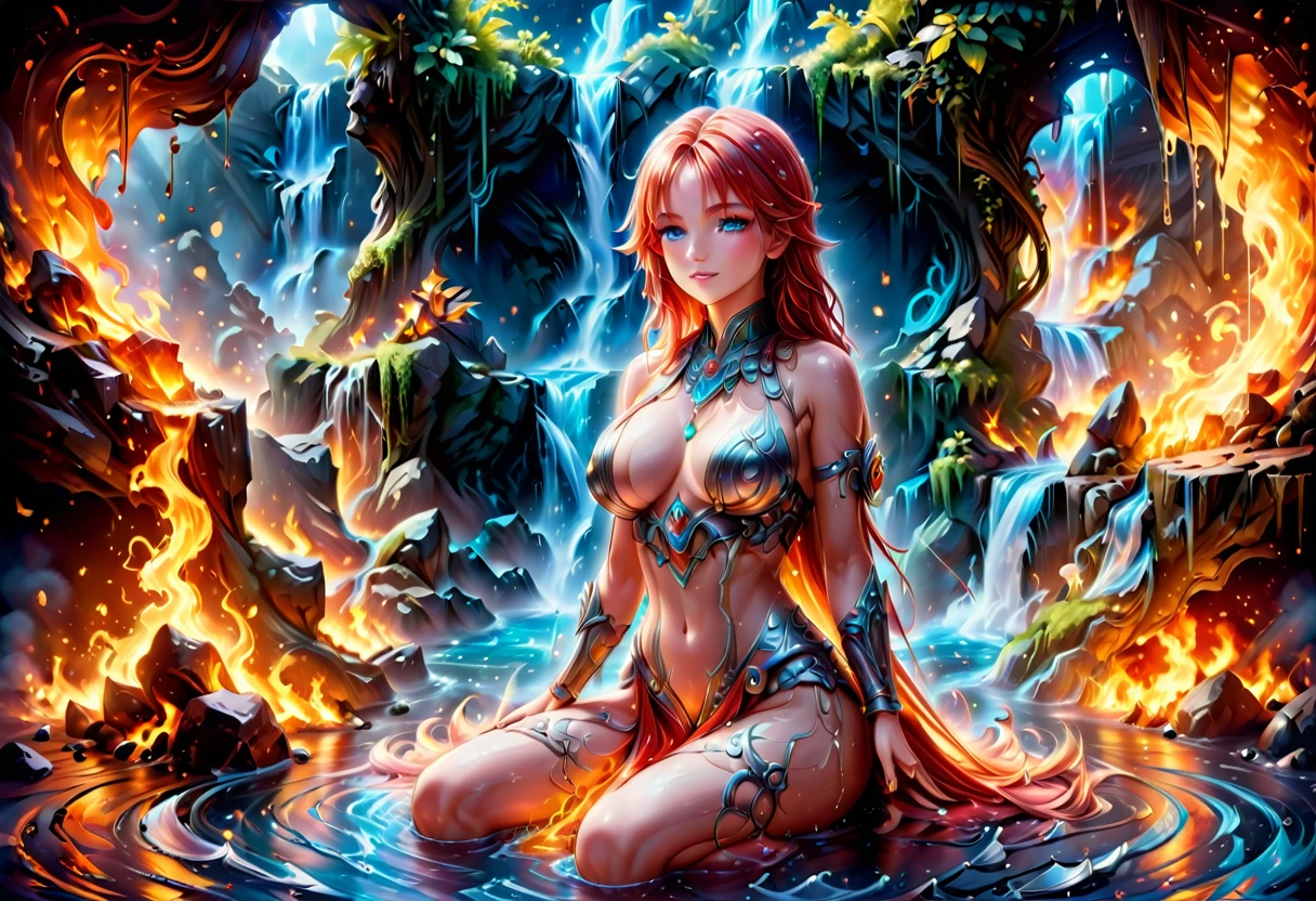 a picture of a (female monk: 1.2) sitting and meditating near a waterfall, at the base of the waterfall,  there is a human woman monk wearing monk garbs, meditating near a bonfire near an (epic sized waterfall: 1.3), red hair, long hair, full body (best details, Masterpiece, best quality :1.5), ultra detailed face (best details, Masterpiece, best quality :1.5), ultra feminine (best details, Masterpiece, best quality :1.5), exquisite beautiful (best details, Masterpiece, best quality :1.5) red hair, long hair, wavy hair, pale skin, blue eyes, intense eyes, water coming down from a volcanic cliff, multi level water falls, several pools created in different levels, forming new waterfalls, water cascading into a (large lava pool: 1.3) steam rising, clear water in many hues of blue and azure, fantasy art, photorealistic, D&D art, ultra best realistic, best details, best quality, 16k, [ultra detailed], masterpiece, best quality, (extremely detailed), ultra wide shot, photorealism, depth of field, hyper realistic painting, faize, perfecteyes, drkfntasy