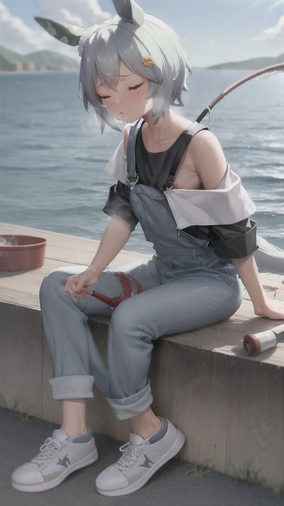 (nsfw),masterpiece, best quality,
seiun sky \(umamusume\),
suspenders pants, overalls jumpsuits, black shirt, short sleeves, white footwear, sneakers, one-side off shoulder,
blue sky, yawning, closed eyes, sitting on wharf, fishing