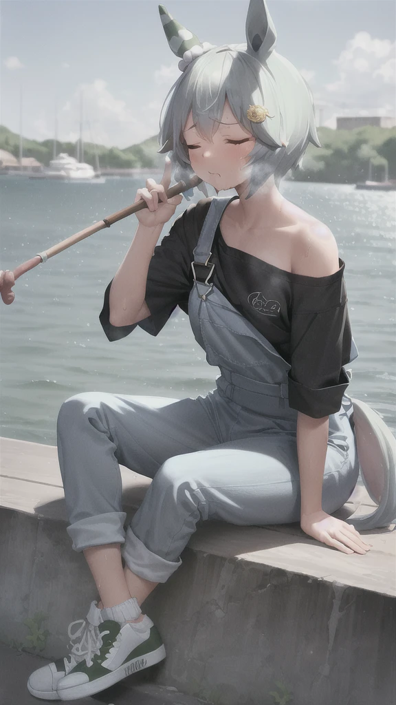 (nsfw),masterpiece, best quality,
seiun sky \(umamusume\),
suspenders pants, overalls jumpsuits, black shirt, short sleeves, white footwear, sneakers, one-side off shoulder,
blue sky, yawning, closed eyes, sitting on wharf, fishing