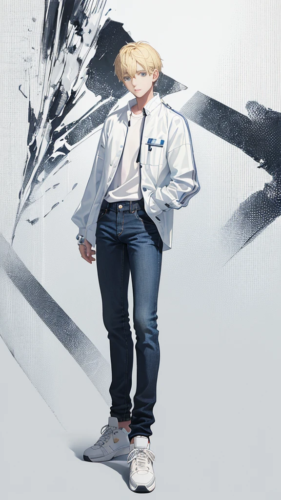 young guy, 22, blond short hair, Blue eyes, wearing a white checkered shirt, in a denim windbreaker and black jeans with sneakers, Stands tall, on a white background, anime style