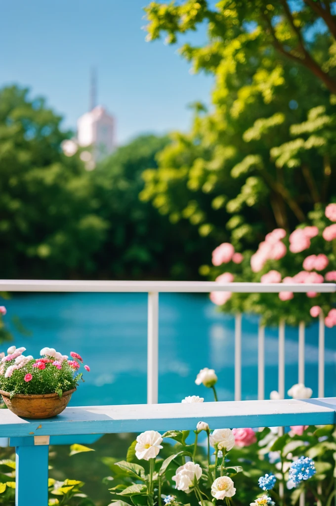 ( floor) (flowers railing ) ( bokeh blur ) Digital Background sky blue