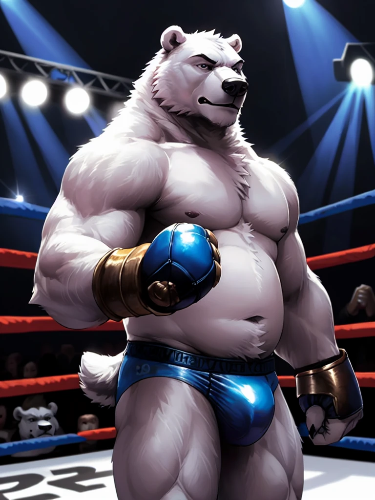 male anthro polar bear, huge muscular chubby, dynamic pose, bust portrait, underwear, solo, realistic white fur, detailed background, bedroom, detailed whote fluffy fur, long fluffy fur, photorealism, fighting ring, hdr, short tail, crowd, purple stage light, blue leather gauntlet