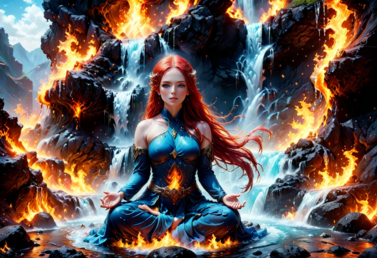 a picture of a (female monk: 1.2) sitting and meditating near a waterfall, at the base of the waterfall,  there is a human woman monk wearing monk garbs, meditating near a bonfire near an (epic sized waterfall: 1.3), red hair, long hair, full body (best details, Masterpiece, best quality :1.5), ultra detailed face (best details, Masterpiece, best quality :1.5), ultra feminine (best details, Masterpiece, best quality :1.5), exquisite beautiful (best details, Masterpiece, best quality :1.5) red hair, long hair, wavy hair, pale skin, blue eyes, intense eyes, water coming down from a volcanic cliff, multi level water falls, several pools created in different levels, forming new waterfalls, water cascading into a (large lava pool: 1.3) steam rising, clear water in many hues of blue and azure, fantasy art, photorealistic, D&D art, ultra best realistic, best details, best quality, 16k, [ultra detailed], masterpiece, best quality, (extremely detailed), ultra wide shot, photorealism, depth of field, hyper realistic painting, faize, perfecteyes, drkfntasy