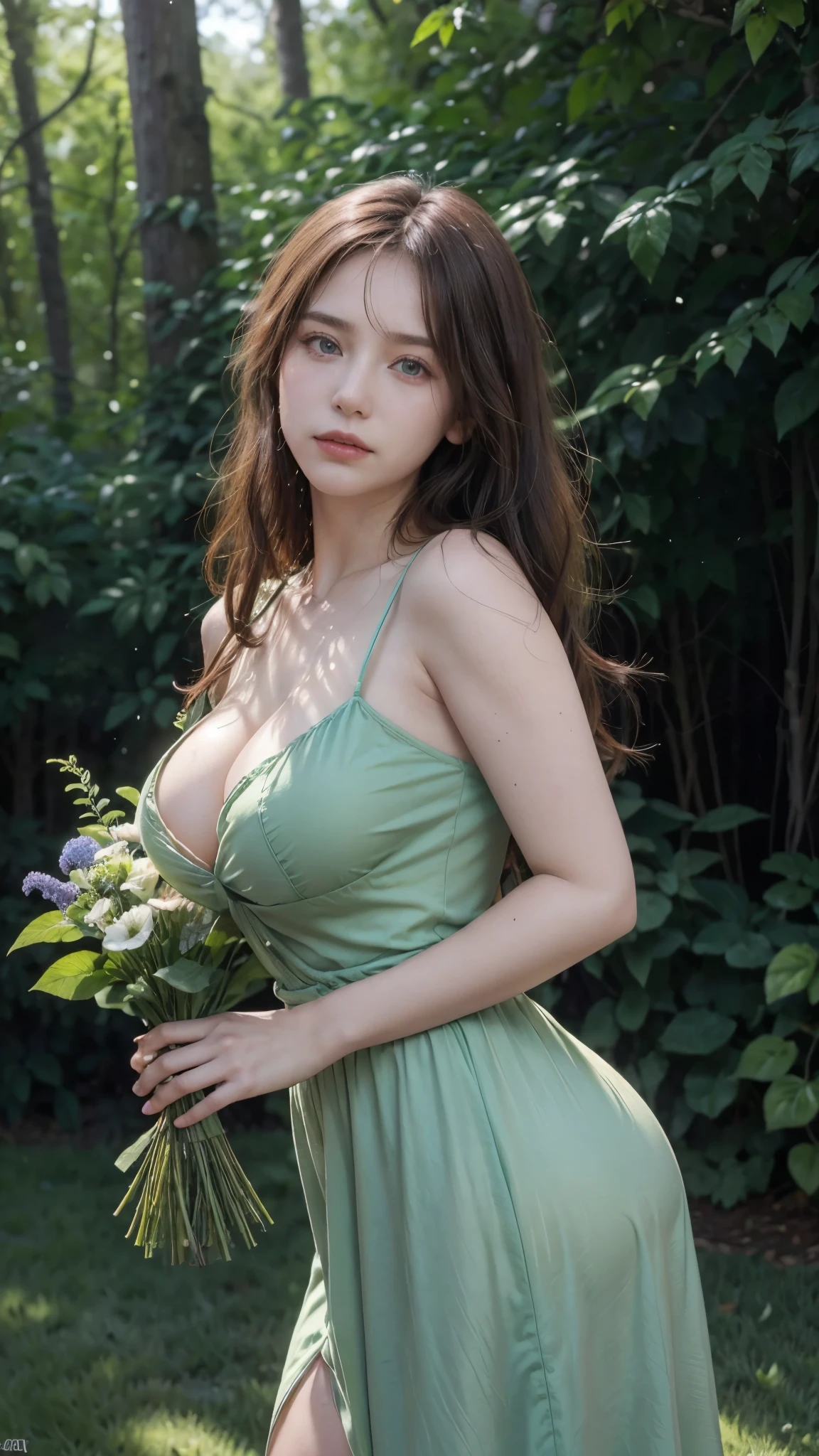 a beautiful woman in a garden, long dark hair, emerald green dress, big blue eyes, huge , big ass, holding a bouquet of flowers, serene and peaceful expression, sunlight filtering through the trees, lush greenery surrounding her, highly detailed, photorealistic, 8k, (best quality,4k,8k,highres,masterpiece:1.2),ultra-detailed,(realistic,photorealistic,photo-realistic:1.37),portrait