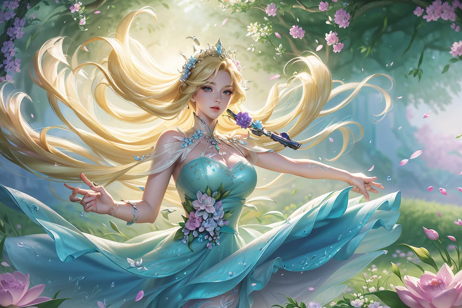 a beautiful blonde haired girl in a flowery field, holding a delicate umbrella, cute, sweet, detailed face, long eyelashes, full lips, porcelain skin, detailed dress, soft lighting, cinematic, vibrant colors, intricate flowers, lush greenery, ethereal, fantasy, 8k, ultra-detailed, masterpiece