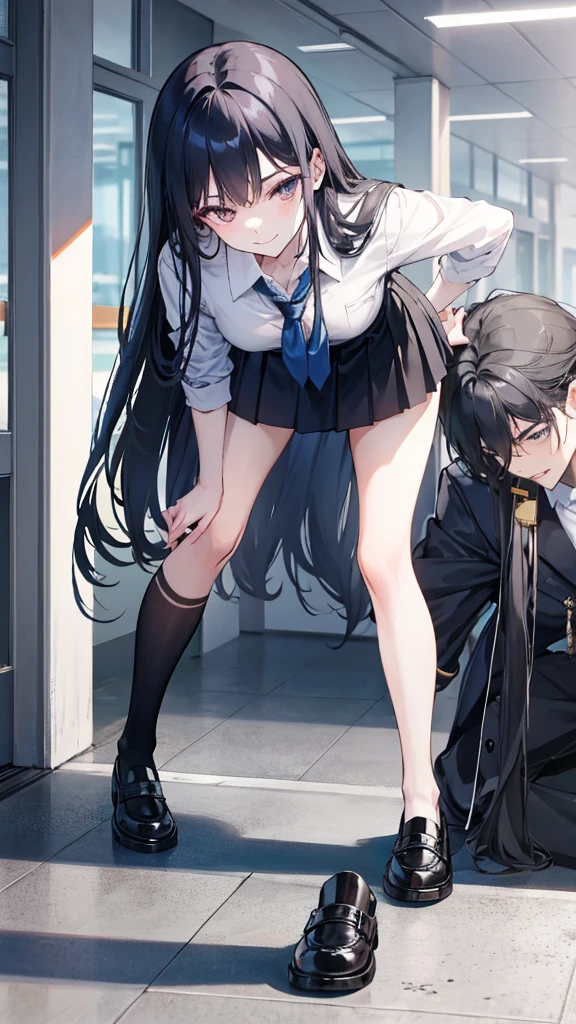 Lydia, a 6 foot tall female student with long black hair and a  with a very short skirt, pushes Tom, a nerd, to the ground in the school yard. with a malicious smile, stands over him while he is on the ground, looking at her panties. tall girl, Scholar, uniform, 6,0ft, sexy, bully, Sexy legs