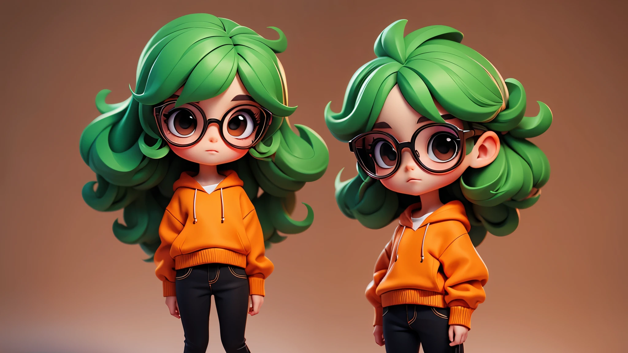 Girl chibi with orange pullover, black eyes, tiny black glasses, apple green hair, Long texture crop hair.