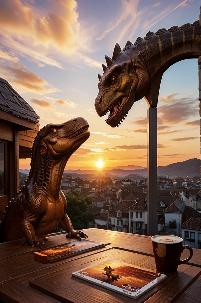I want a beautiful illustration image for front cover in which a dinosaur or something is sitting on a nescafe. It is sunset now and we have to make a stunning image around fantasy theme like board game types. There is a nescafe outlet and donosaur is sitting on its roof kind of thing.