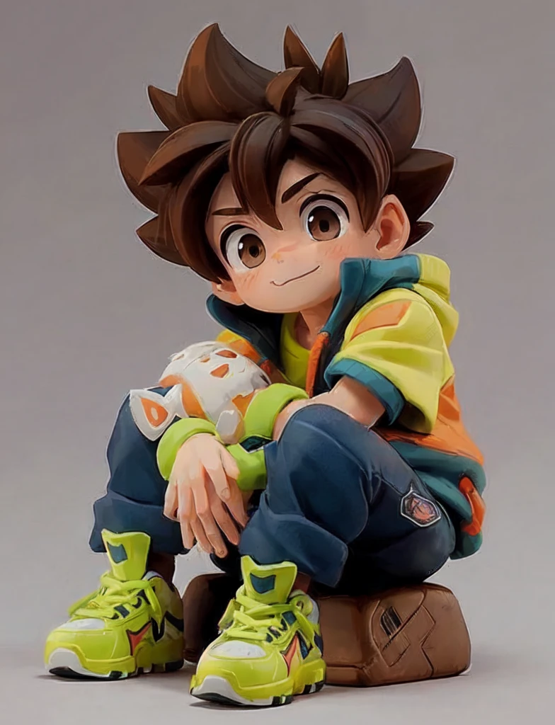 3D character model, anime boy, big eyes, spiky brown hair, colorful hoodie and sneakers, seated pose, holding stuffed animal, toy-like design