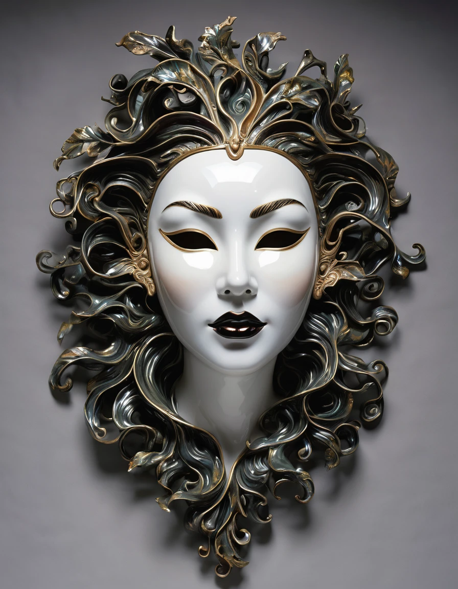 An exquisitely detailed porcelain mask of a beautiful feminine face, with a mysterious and enchanting twist. Shiny, dark tendrils of shadow emerge from behind the mask, giving it an ethereal and otherworldly appearance. The realistic shading, reminiscent of Norman Rockwell's style, gives the mask a three-dimensional effect and a subtle backlight. The overall atmosphere is both captivating and slightly eerie, drawing the viewer into the mysterious world of the enchanted mask.