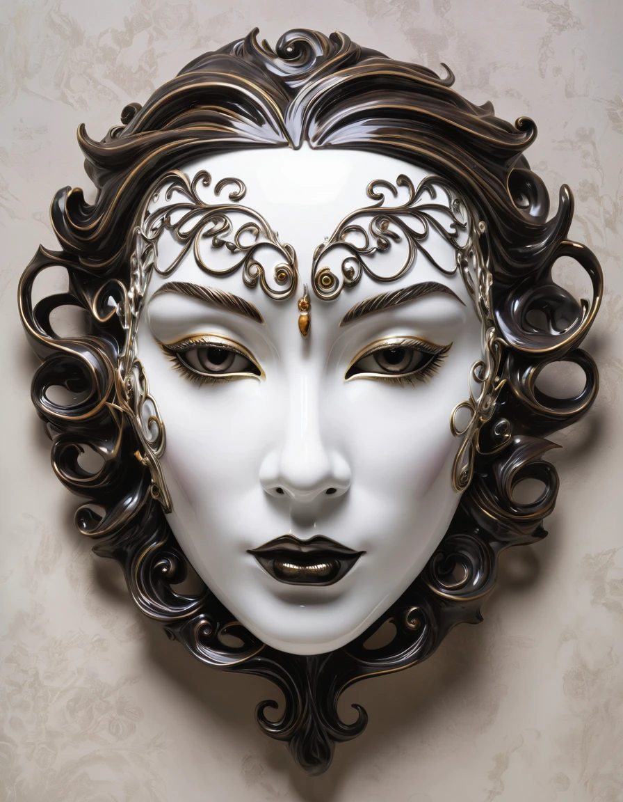 An exquisitely detailed porcelain mask of a beautiful feminine face, with a mysterious and enchanting twist. Shiny, dark tendrils of shadow emerge from behind the mask, giving it an ethereal and otherworldly appearance. The realistic shading, reminiscent of Norman Rockwell's style, gives the mask a three-dimensional effect and a subtle backlight. The overall atmosphere is both captivating and slightly eerie, drawing the viewer into the mysterious world of the enchanted mask.
