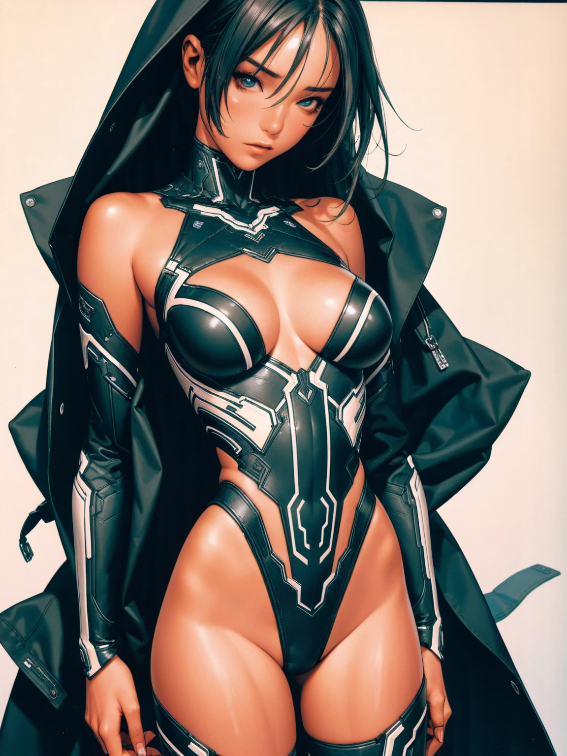 (((Annie Lennox))), (((Dark blue))), (scars), (((Bandaged body))), ((hooded cloak)), (((Quorra))), (((best qualityer: 1.4))), (Unbeatable masterpiece), (hiper HD),(CG 8k hyper-realistic), (((brave face))), (((breasts big))), (((hyper feminine))), sexly girl, Tron,(black bob hair)), ((( sculptural body ))), (((1 Kizi))), Kizi cibernética de 25 anos com perfectbody,,Beautiful and well-groomed face,muscular body:1.2,solid color detailed jacket, (Head to thigh photos), Complex equipment, green dark,long pants,Tight clothes are dark,With white stars and off-white stripes,,,,,Armor Metal Electronic Parts, Poison tattoos ) INFO, Kizi, (((standing alone))), pirralha violent, ((())), sexly, pose de atitude, work of art, post-apocalypse, (((manga style))), bounty hunter, violent, Manic, the way you want, slenderbody, thin but strong, perfectbody, roupa moderna, advanced technology, neon, sleeves with vertical striped pattern, neutral background, (( cowboy shot )). intricate visual