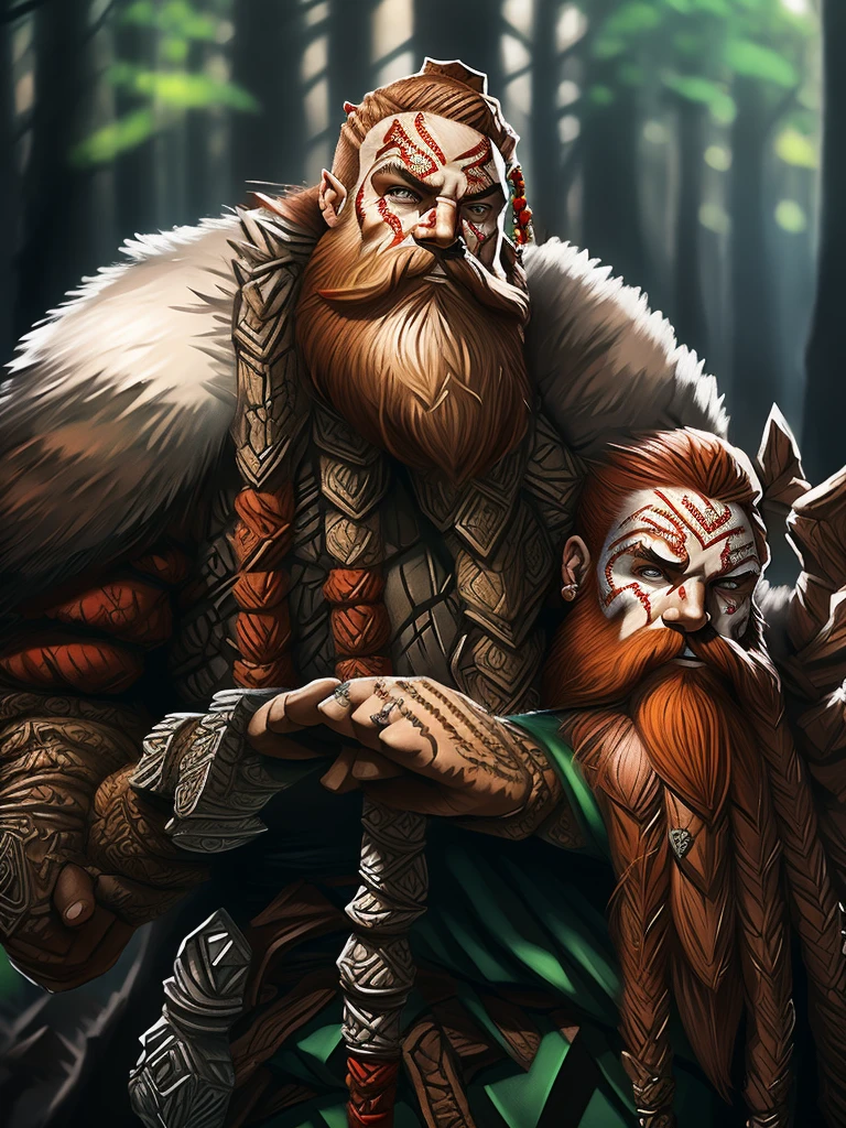 sole male, Mountain Dwarf, Druid, Red beard, Emerald eyes, Bone earrings and piercings, black tribal face paint