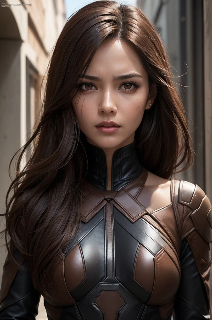 adult woman, eyes browns, brown and shiny skin, penetrating expression, vertical scar on left eye, black clothing, marvel comics style, medium, slightly wavy brown hair