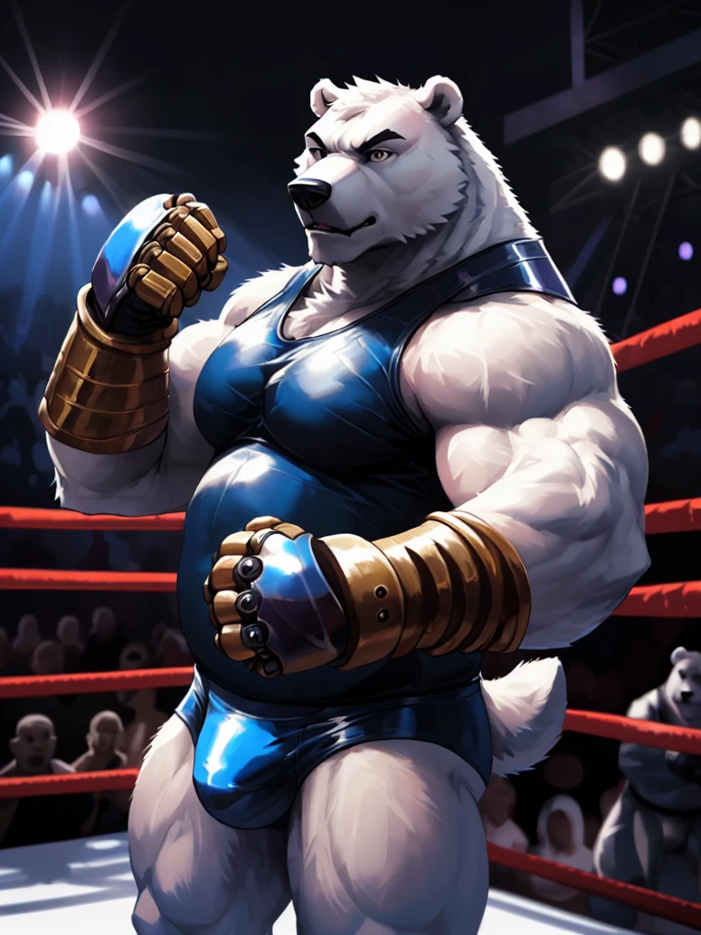 male anthro polar bear, huge muscular chubby, dynamic pose, bust portrait, underwear, solo, white fur, detailed background, bedroom, detailed whote fluffy fur, long fluffy fur, photorealism, fighting ring, hdr, short tail, crowd, purple stage light, blue leather gauntlet