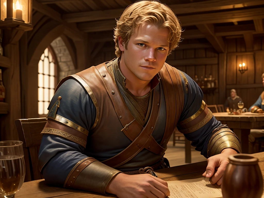 Christopher Egan as a handsome medieval knight sits at a table in a tavern, in front of him is a fat, obsequious innkeeper