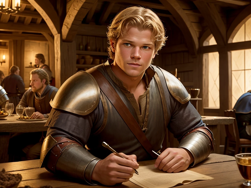 Christopher Egan as a handsome medieval knight sits at a table in a tavern, in front of him is a fat, obsequious innkeeper